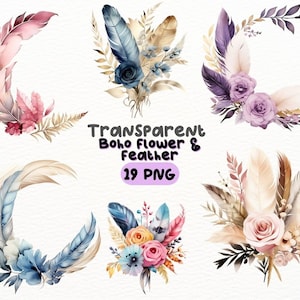 Aquarel Boho Flower Feather Krans PNG Bundel, Digitale Ambachten Ontwerpen Transparant, Boho Bloemenkrans Clipart, Commercieel Gebruik