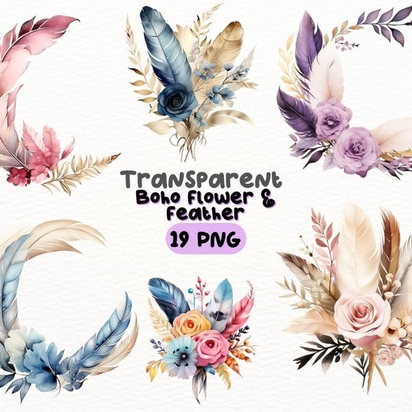 Watercolor Boho Flower Feather Wreath PNG Bundle, Digital Crafts Designs Transparent, Bohemian Floral Wreath Clipart, Commercial Use