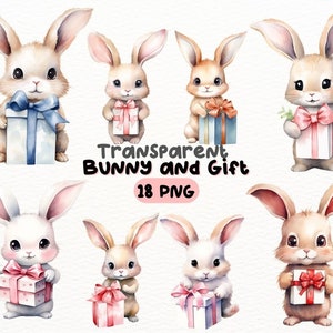 Watercolor Bunny and Gift PNG Bundle, Digital Crafts Designs Transparent, Adorable Bunny Clipart, Cute Rabbit Clipart, Commercial Use