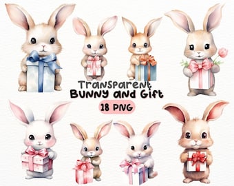 Paquete PNG de conejito y regalo de acuarela, diseños de manualidades digitales transparentes, imágenes prediseñadas de conejito adorable, imágenes prediseñadas de conejo lindo, uso comercial