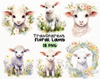 Watercolor Floral Lamb PNG Bundle, Digital Crafts Designs Transparent, Cute Little Lamb Clipart, Commercial Use
