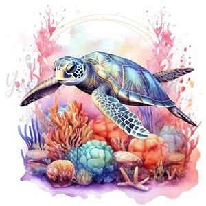 Pu&ograve; includere: Illustrazione ad acquerello di una tartaruga marina che nuota sopra una colorata barriera corallina. La tartaruga ha un guscio blu e verde, e la barriera corallina presenta coralli arancioni, rosa e blu. L'opera d'arte ha una qualit&agrave; morbida e sognante.