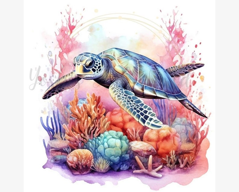 Pu&ograve; includere: Illustrazione ad acquerello di una tartaruga marina che nuota sopra una colorata barriera corallina. La tartaruga ha un guscio blu e verde, e la barriera corallina presenta coralli arancioni, rosa e blu. L'opera d'arte ha una qualit&agrave; morbida e sognante.
