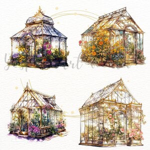 Puede incluir: Cuatro ilustraciones de acuarela de invernaderos de vidrio ornamentados con varias flores y plantas en su interior. Los invernaderos son todos de diferentes formas y tama&ntilde;os, y todos est&aacute;n pintados en un estilo realista.