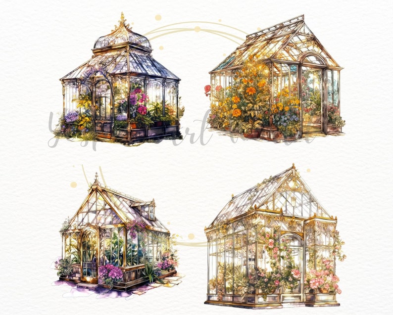 Puede incluir: Cuatro ilustraciones de acuarela de invernaderos de vidrio ornamentados con varias flores y plantas en su interior. Los invernaderos son todos de diferentes formas y tama&ntilde;os, y todos est&aacute;n pintados en un estilo realista.