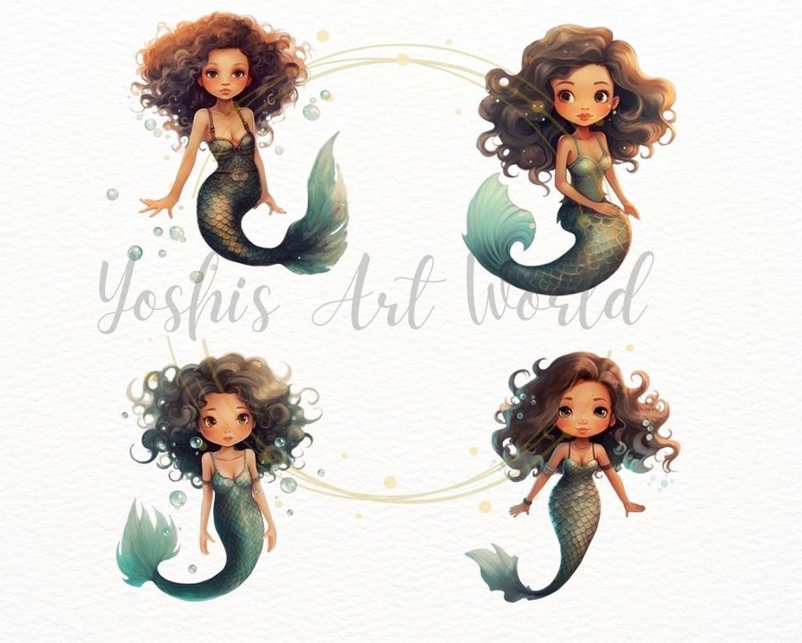 Watercolor Cute Black Mermaid PNG Bundle, Digital Crafts Designs ...