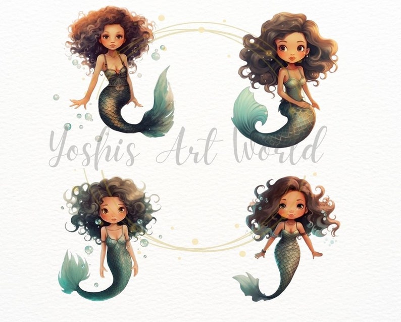 Watercolor Cute Black Mermaid PNG Bundle, Digital Crafts Designs ...