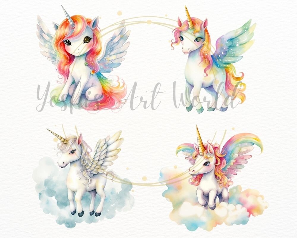 Watercolor Cute Rainbow Unicorn PNG Bundle, Digital Crafts Designs ...