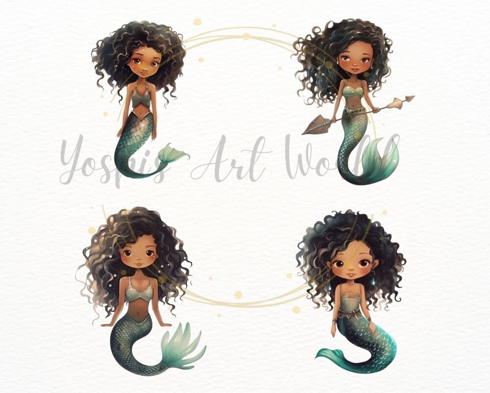 Watercolor Cute Black Mermaid PNG Bundle Digital Crafts - Etsy