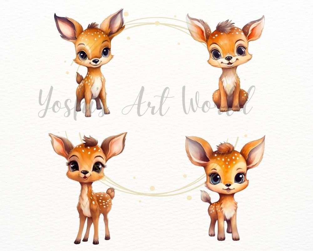 Watercolor Cute Baby Deer PNG Bundle, Digital Crafts Designs ...