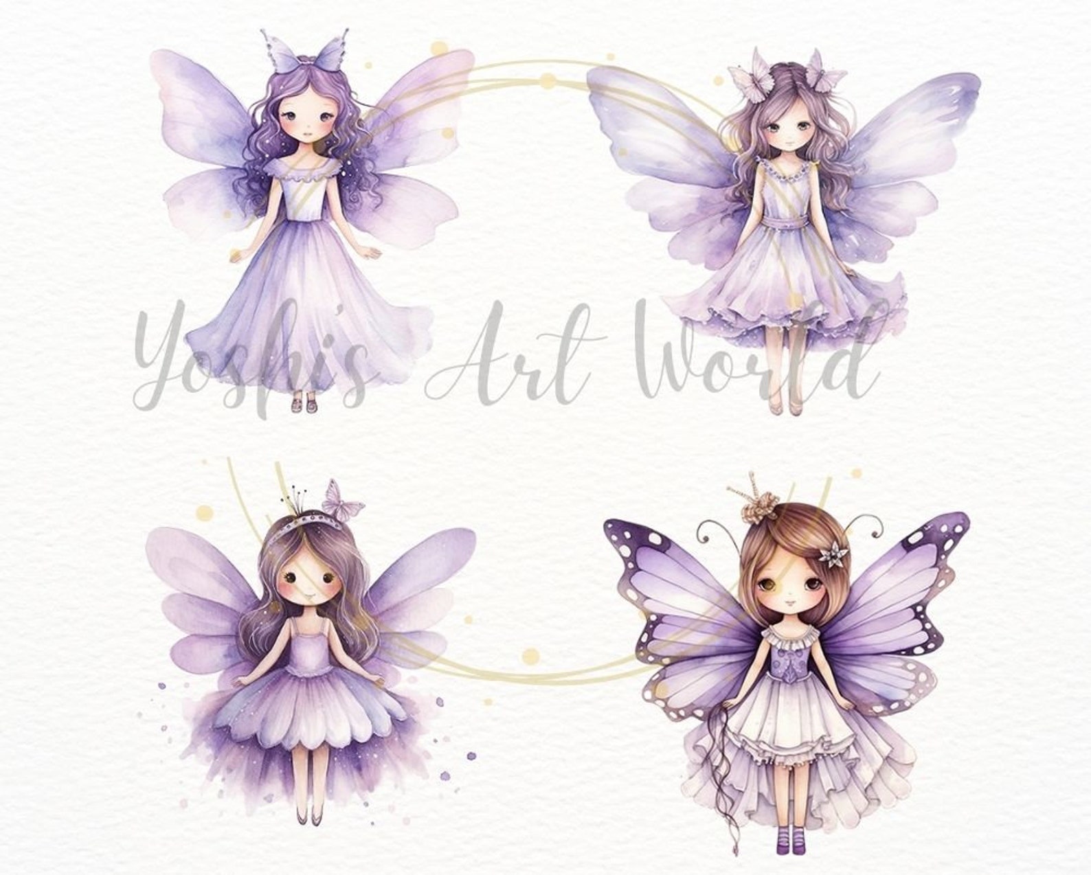 Watercolor Cute Purple Butterfly Fairy Princess PNG Bundle, Digital ...