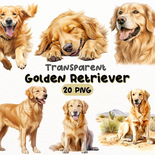 Pacchetto PNG acquerello Golden Retriever, disegni di artigianato digitale trasparenti, clipart per cani, clipart Golden Retriever carino, uso commerciale