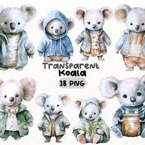 Cute Koala Watercolor PNG Bundle, Digital Crafts Designs Transparent, Baby Koala Clipart, Koala Character Clipart, Commercial Use