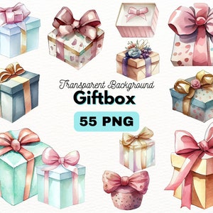 Paquete PNG de caja de regalo pastel de acuarela, diseños de artesanías digitales transparentes, imágenes prediseñadas de regalos, PNG presente boho, imágenes prediseñadas presentes, uso comercial