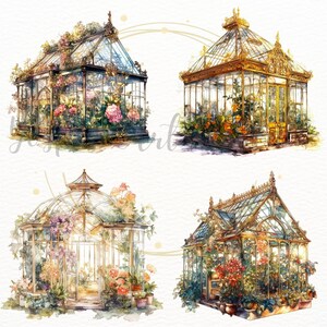 Puede incluir: Cuatro ilustraciones de acuarela de invernaderos de vidrio ornamentados con varias flores y plantas en su interior. Los invernaderos son de diferentes estilos, algunos con acentos dorados y otros con dise&ntilde;os m&aacute;s r&uacute;sticos.