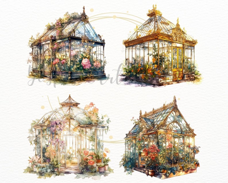 Puede incluir: Cuatro ilustraciones de acuarela de invernaderos de vidrio ornamentados con varias flores y plantas en su interior. Los invernaderos son de diferentes estilos, algunos con acentos dorados y otros con dise&ntilde;os m&aacute;s r&uacute;sticos.