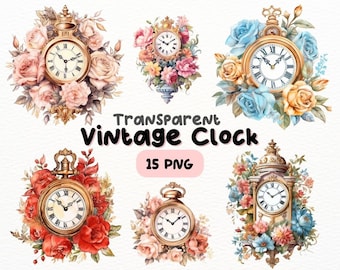 Watercolor Floral Vintage Clock PNG Bundle, Digital Crafts Designs Transparent, Clock Clipart, Vintage Timepiece Clipart, Commercial Use