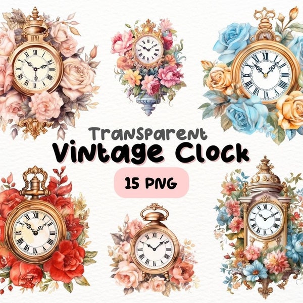 Watercolor Floral Vintage Clock PNG Bundle, Digital Crafts Designs Transparent, Clock Clipart, Vintage Timepiece Clipart, Commercial Use