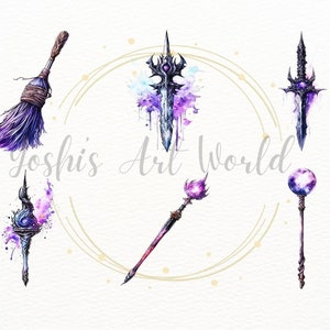 May include: Five watercolor illustrations of fantasy weapons. A purple and black broom, a purple and black sword, a purple and black staff with a sphere on top, a purple and black staff with a sphere on top, and a purple and black staff with a sphere on top.