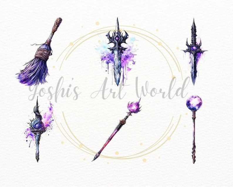 May include: Five watercolor illustrations of fantasy weapons. A purple and black broom, a purple and black sword, a purple and black staff with a sphere on top, a purple and black staff with a sphere on top, and a purple and black staff with a sphere on top.