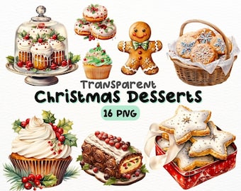 May include: A collection of 16 watercolor illustrations of Christmas desserts, including gingerbread cookies, cupcakes, a gingerbread man, and a yule log. The illustrations are on a white background and have a transparent background.