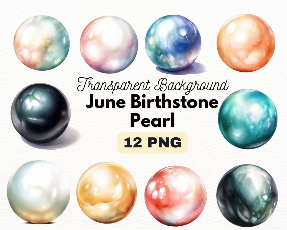 Watercolor June Birthstone Pearl PNG Bundle, Digital Crafts Designs Transparent, Pink Pearl Clipart, Black Pearl Clipart, Commercial Use