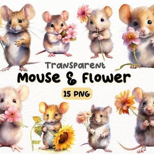 Aquarell süße Maus und Blume PNG Bundle, digitales Handwerk Designs transparent, entzückende Maus und Blume Clipart, kommerzielle Nutzung
