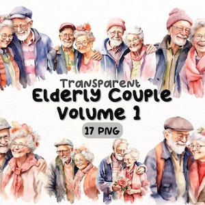 Pareja de ancianos en acuarela - Paquete PNG de abuelo y abuela, diseños de artesanías digitales transparentes, imágenes prediseñadas de pareja feliz, uso comercial