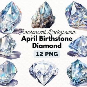 May include: Twelve watercolor illustrations of diamonds in various shapes and sizes. The diamonds are rendered in shades of blue and white, with a transparent background.