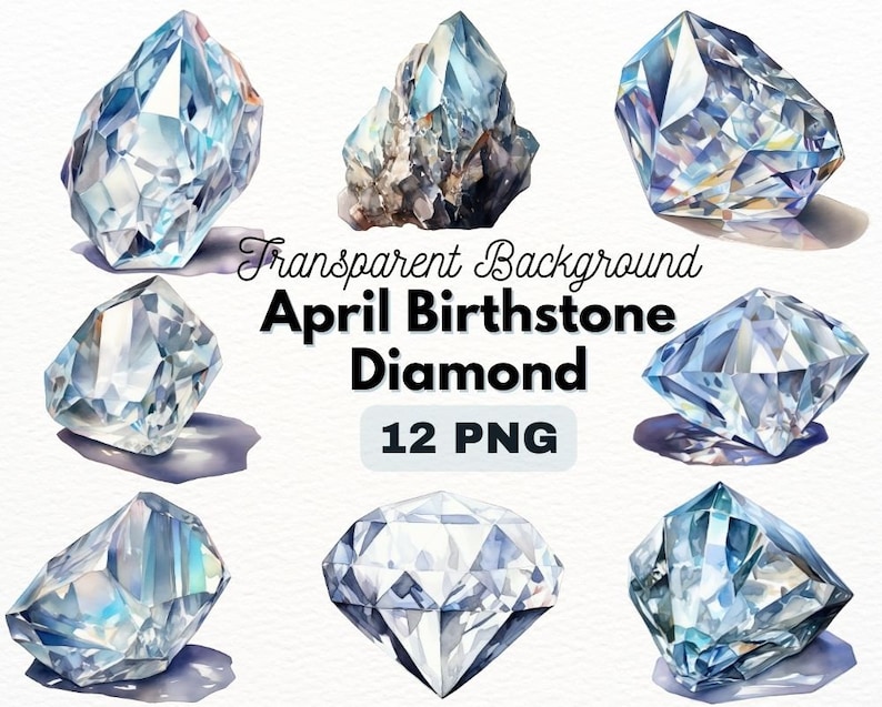 May include: Twelve watercolor illustrations of diamonds in various shapes and sizes. The diamonds are rendered in shades of blue and white, with a transparent background.