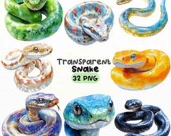 Könnte beinhalten: Ein Set mit 7 Aquarell-Illustrationen von Schlangen in verschiedenen Farben und Posen. Die Schlangen sind in einem realistischen Stil mit detaillierten Schuppen und Mustern dargestellt. Die Illustrationen sind perfekt für den Einsatz in digitalen oder gedruckten Projekten.