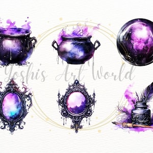 May include: A set of six watercolor illustrations featuring a purple and black color scheme. The illustrations include a cauldron, a crystal ball, a mirror, a quill and inkwell, and two more cauldrons. The illustrations are perfect for adding a touch of magic to any project.