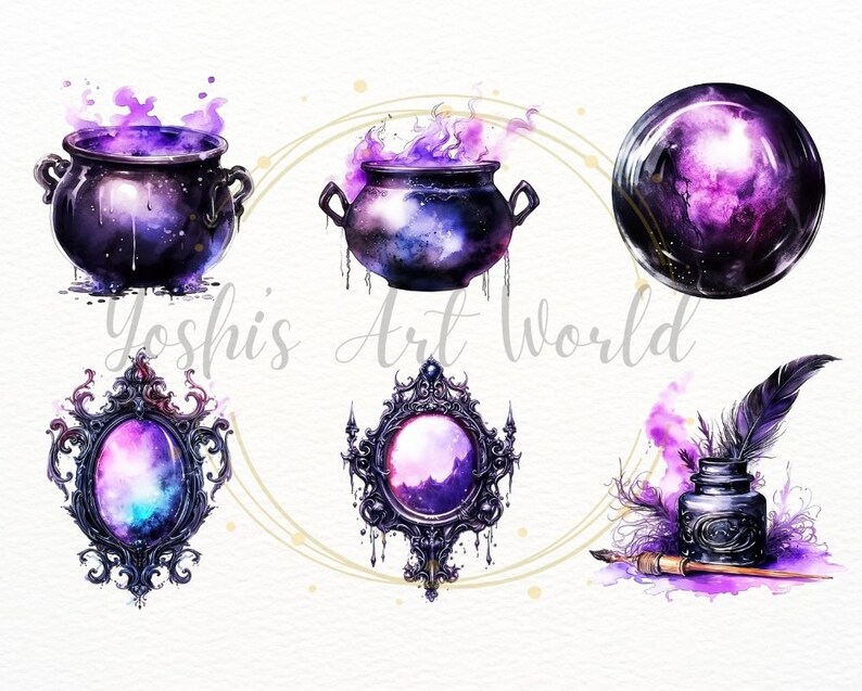 May include: A set of six watercolor illustrations featuring a purple and black color scheme. The illustrations include a cauldron, a crystal ball, a mirror, a quill and inkwell, and two more cauldrons. The illustrations are perfect for adding a touch of magic to any project.
