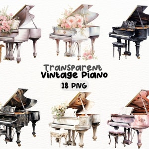Watercolor Vintage Baby Grand Piano PNG Bundle, Digital Crafts Designs Transparent, Antique Floral Piano Clipart, Commercial Use