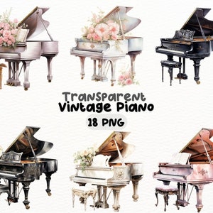 Paquete PNG de piano de cola vintage para bebé de acuarela, diseños de artesanías digitales transparentes, imágenes prediseñadas de piano floral antiguo, uso comercial