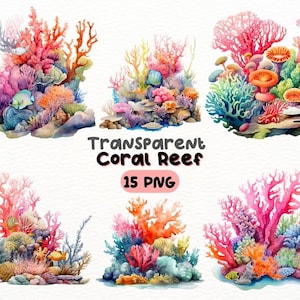 Watercolor Coral Reef PNG Bundle, Digital Crafts Designs Transparent, Colorful Underwater Clipart, Marine Life Clipart, Commercial Use