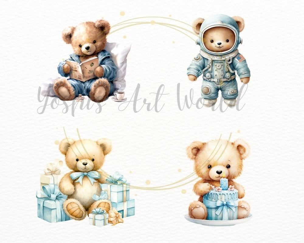 Watercolor Baby Blue Teddy Bear PNG Bundle, Digital Crafts Designs ...