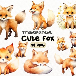 Paquete PNG de zorro lindo acuarela, diseños de artesanías digitales transparentes, imágenes prediseñadas de zorro adorable, imágenes prediseñadas de animales del bosque, uso comercial