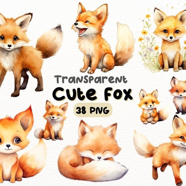 Watercolor Cute Fox PNG Bundle, Digital Crafts Designs Transparent, Adorable Fox Clipart, Woodland Animal Clipart, Commercial Use