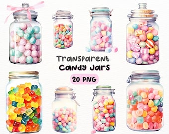 May include: A set of 20 watercolour illustrations of transparent glass jars filled with various colourful candies. The jars are in different shapes and sizes, and the candies are arranged in a variety of ways. The illustrations are perfect for creating digital or printed designs.