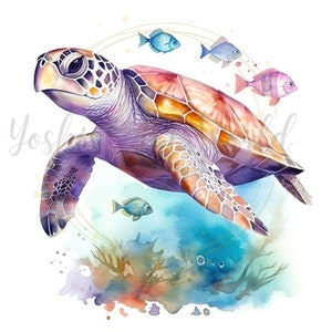 Pu&ograve; includere: Illustrazione ad acquerello di una tartaruga marina con corpo viola e guscio marrone. Diversi piccoli pesci colorati nuotano intorno alla tartaruga. Lo sfondo presenta lavaggi ad acquerello blu e verdi, che suggeriscono una scena subacquea.