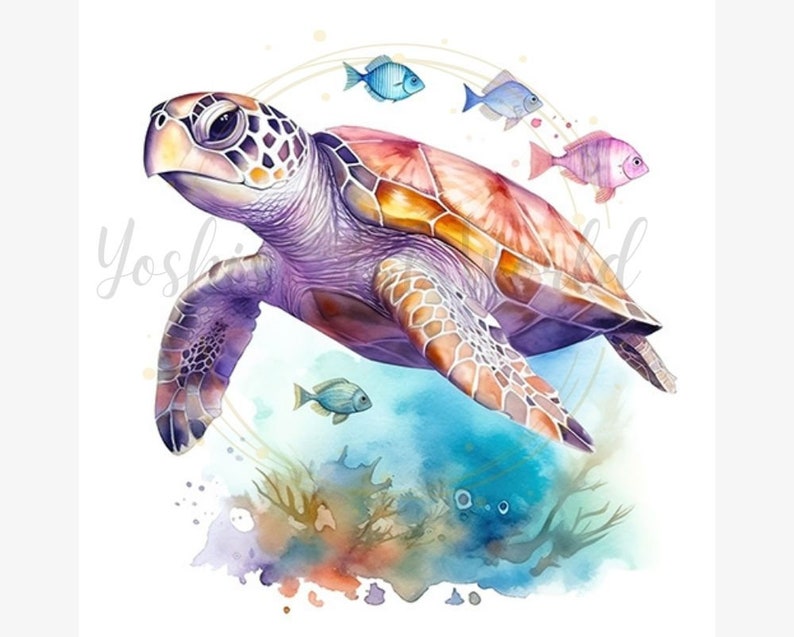 Pu&ograve; includere: Illustrazione ad acquerello di una tartaruga marina con corpo viola e guscio marrone. Diversi piccoli pesci colorati nuotano intorno alla tartaruga. Lo sfondo presenta lavaggi ad acquerello blu e verdi, che suggeriscono una scena subacquea.