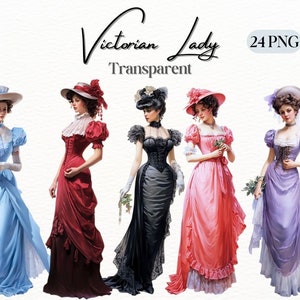 Pacchetto PNG da donna vittoriana ad acquerello, disegni di artigianato digitale trasparenti, clipart da donna vintage, elegante illustrazione vintage, uso commerciale