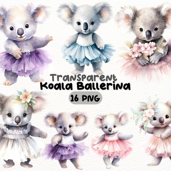 Watercolor Ballerina Koala PNG Bundle, Digital Crafts Designs Transparent, Adorable Dancing Koala Clipart, Ballet Clipart, Commercial Use