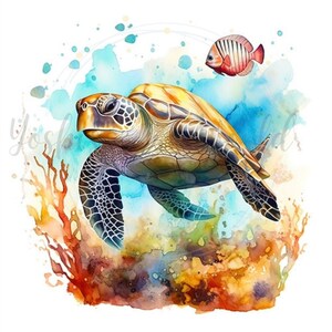 Pu&ograve; includere: Dipinto ad acquerello di una tartaruga marina che nuota nell'oceano, con un piccolo pesce a strisce rosse e bianche. La tartaruga ha un guscio giallo e marrone e lo sfondo presenta schizzi di acquerello blu e arancione.