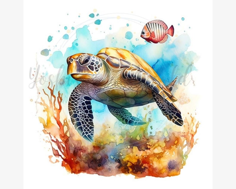 Pu&ograve; includere: Dipinto ad acquerello di una tartaruga marina che nuota nell'oceano, con un piccolo pesce a strisce rosse e bianche. La tartaruga ha un guscio giallo e marrone e lo sfondo presenta schizzi di acquerello blu e arancione.