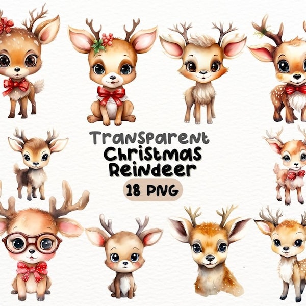 Watercolor Christmas Reindeer PNG Bundle, Digital Crafts Designs Transparent, Holiday Reindeer Clipart, Winter Clipart, Commercial Use