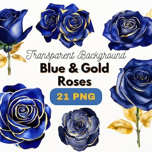 Blue Roses with Gold PNG Bundle, Digital Crafts Designs Transparent, Flower Clip art, Floral Clipart, Commercial Use