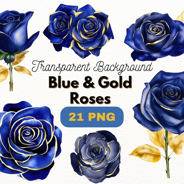 Blue Roses with Gold PNG Bundle, Digital Crafts Designs Transparent, Flower Clip art, Floral Clipart, Commercial Use