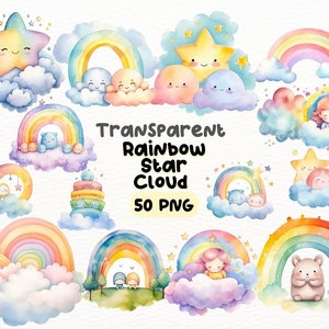 Pacote PNG de nuvem de estrela de arco-íris em aquarela pastel, designs de artesanato digital transparentes, clipart de arco-íris, clipart de estrelas, uso comercial